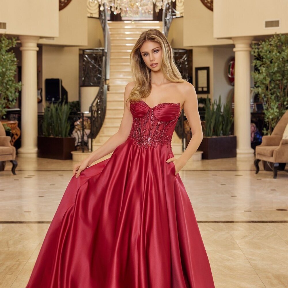 New Burgundy Evening Strapless Soft Satin Dress w/ Beaded Bodice & NX Y1798